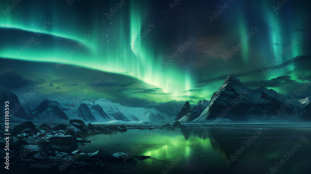 Northern Lights (aurora borealis) over the lake and mountains night background