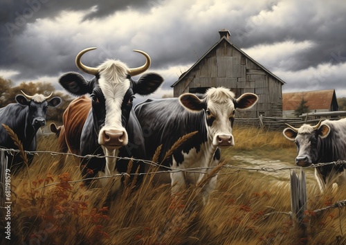 four cows standing field behind fence scary portrait cartoon animal clouds wisconsin figurative nosey neighbors photo