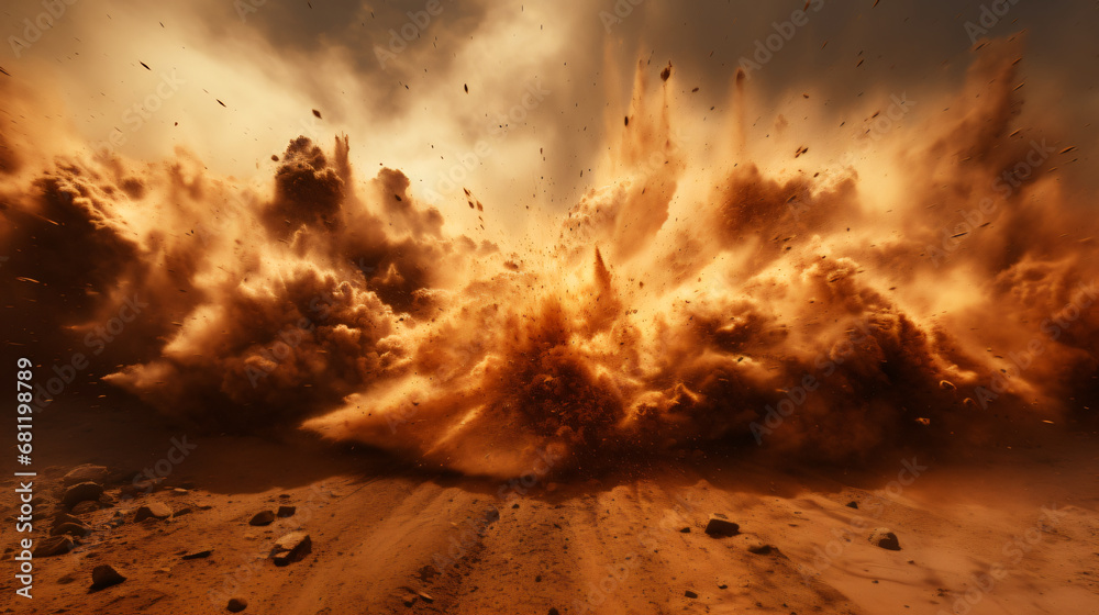 Abstract sand storm, sand explosion, brown background - obrazy, fototapety, plakaty 