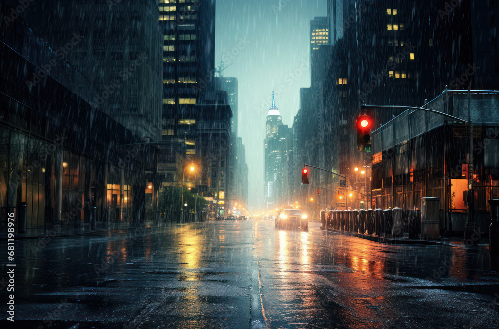 heavy rain on urban landscape background