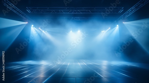 Empty night stage concert with spotlights, blue stage lights , smoke, smog,background, wallpaper. copy space 