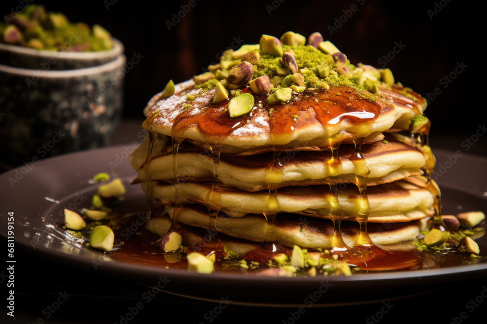 Stack of pancake poured with honey syrup and pistachios on plate and dark background