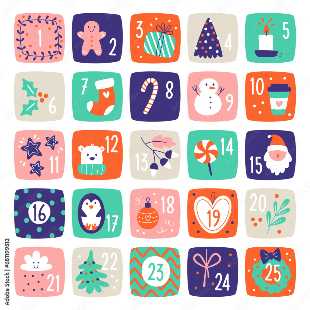 Christmas advent calendar with december dates for funny winter entertainment vector illustration