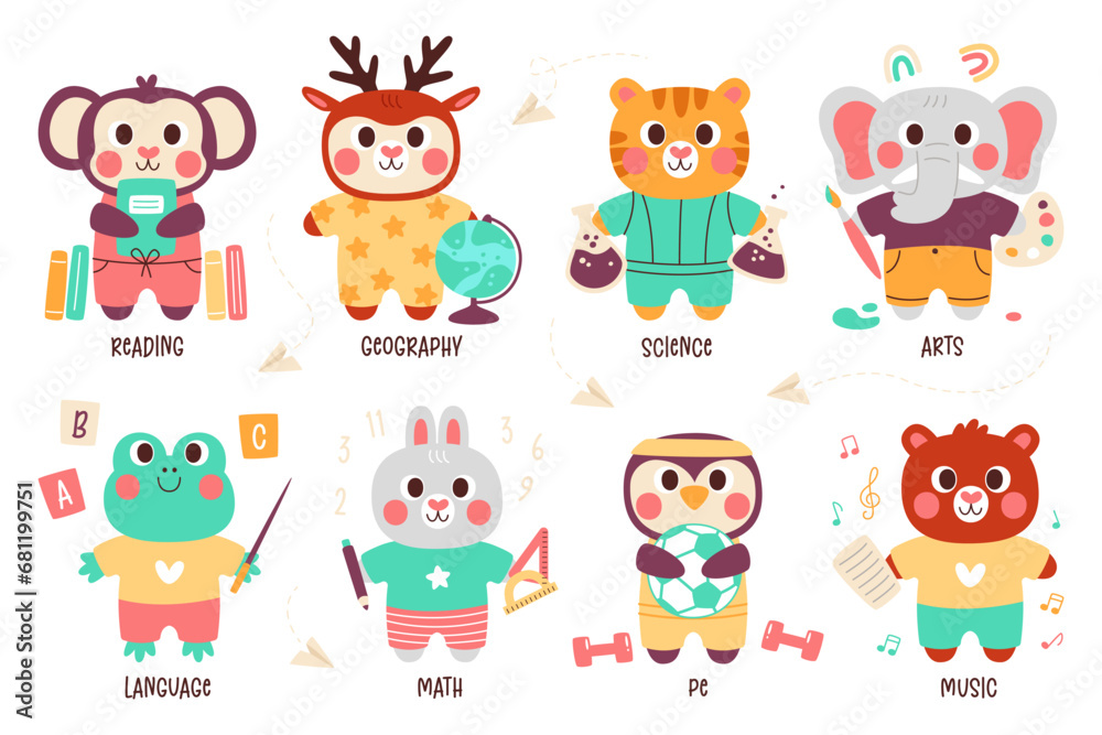 Cute animals characters back to school to study different educational subjects vector illustration Cute animals characters back to school to study different educational subjects vector illustration
