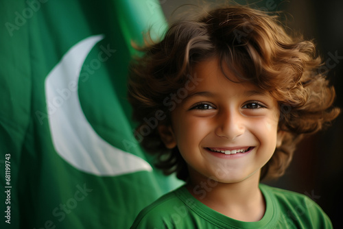 Portrait happy child boy on background Pakistan flag. Unity and Independence Day concept