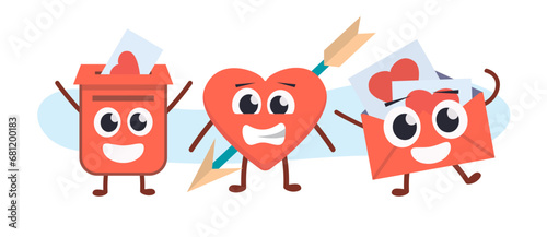 valentines day characters. cartoon romantic love 14 February party celebration, hearts lips love sweets letters envelope ring gift boxes. vector cartoon minimalistic cute funny characters