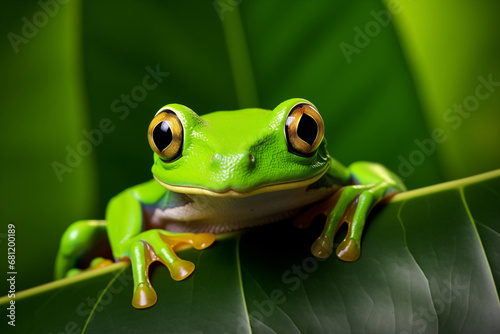 Leafy Hideaway: Green Tree Frog Peeking from a Leaf. Ai generative