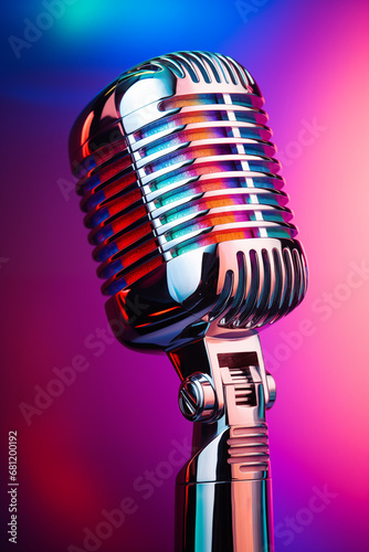 Vintage Vibes: Retro Microphone on Stage with Neon Background. Ai generative