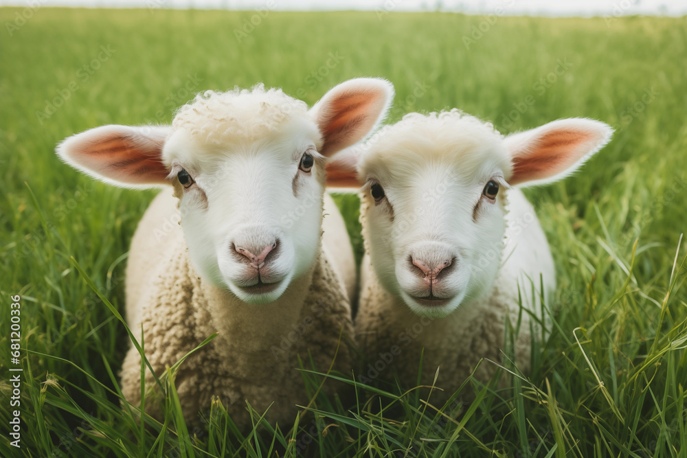 Pastoral Harmony: Two Sheep Grazing in a Green Field. Ai generative Pastoral Harmony: Two Sheep Grazing in a Green Field. Ai generative