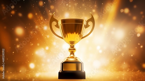 Golden Trophy Cup with Radiant Lights and Bokeh Background. Ai generative