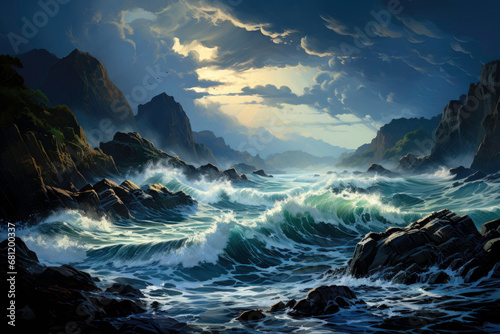 sunrise over the sea rugged coastal cliffs with waves crashing below photo