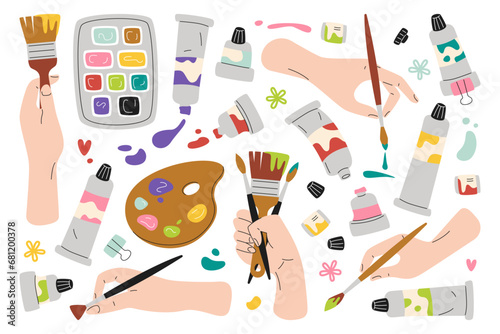 Human hands holding different brush and drawing using painting accessories set vector illustration