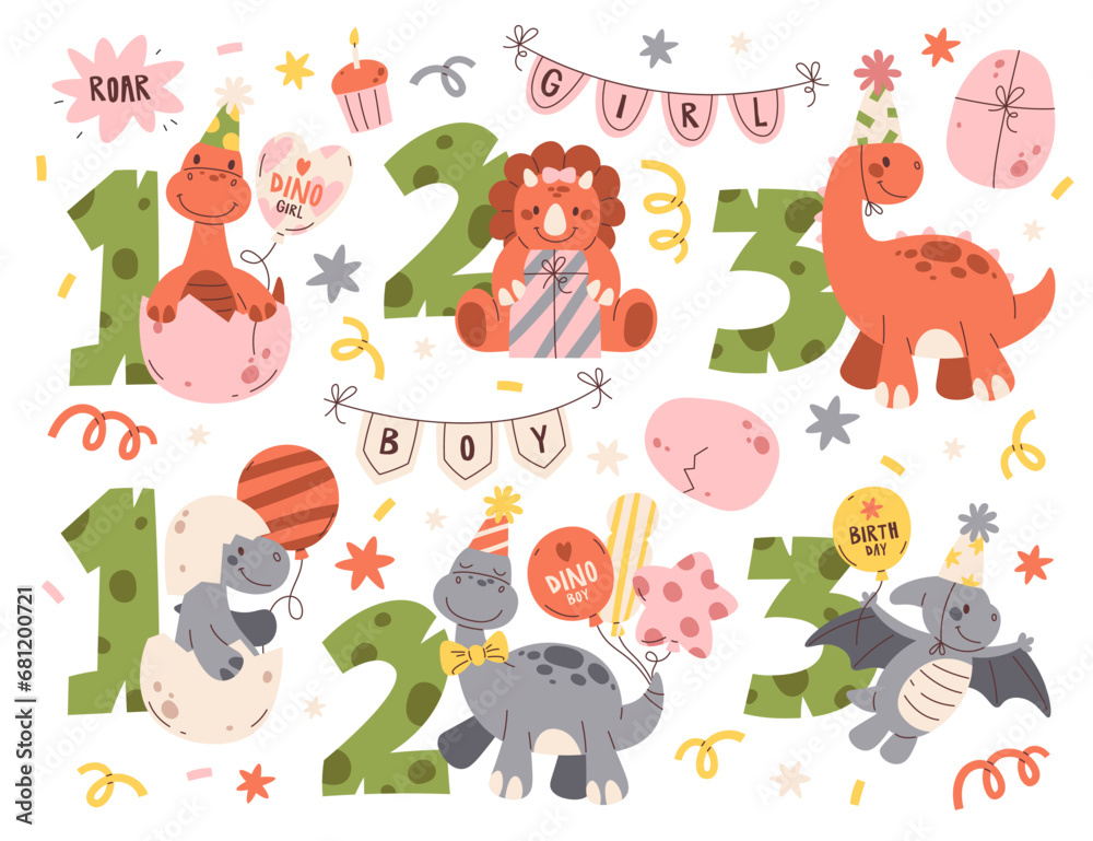 Naklejka premium Cute little figure of dinosaurs with birthday numbers and decoration set vector illustration