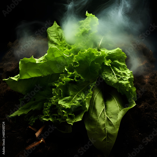 Lettuce leaves in a toxic smoke on a black background. photo