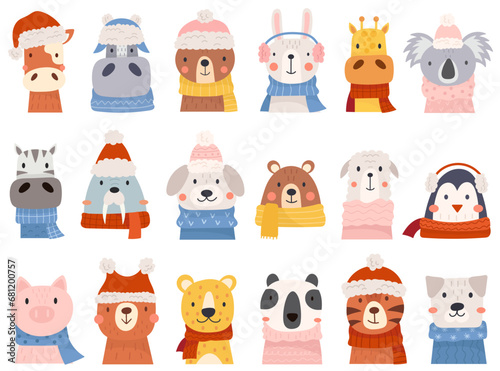 Animals character wearing warm winter hats and scarves accessories isolated set vector illustration