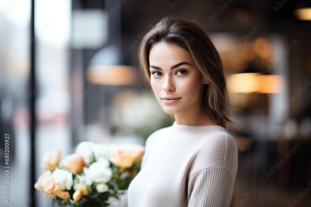 Beautiful Caucasian woman in an urban setting, holding a bouquet, exuding elegance and happiness in a natural environment.