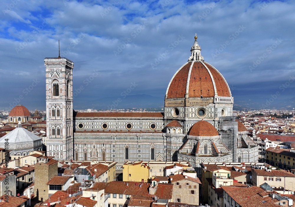 Aerial view of the historic center of the city of Florence with the Cathedral of Santa Maria del Fiore, the Duomo of Florence, in the center. Firenze, Tuscany, Italy