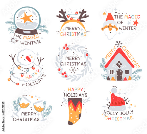 Magic winter, Merry Christmas, happy holidays holly jolly xmas greetings stickers isolated set