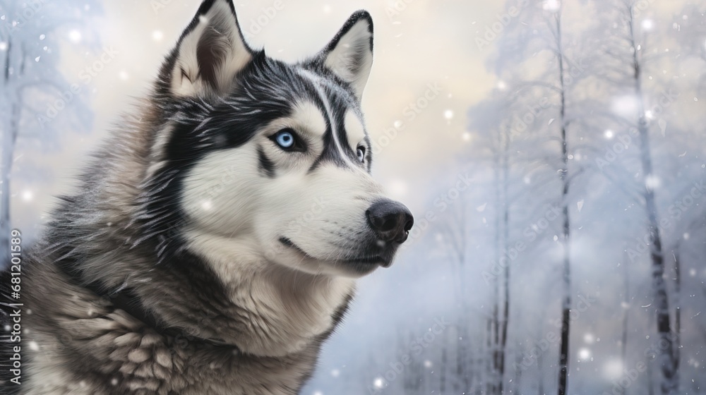 A Siberian Husky, a portrait of resilience and beauty, with a coat that tells stories of frosty lan
