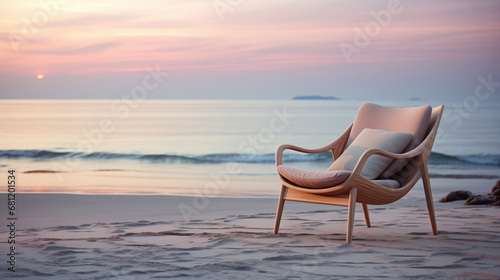 Empty chair in a send beach  face to beautiful sea sunset landscape view. Poster  Banner. Vacation and tourism concept