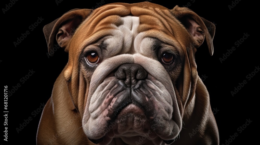 A Bulldog, captured in a portrait, emanates a sense of resilience, with a wrinkled face, a muscular