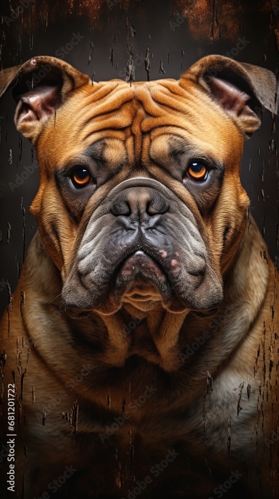 The Bulldog's portrait showcases a blend of toughness and affection, with a distinctive face that a