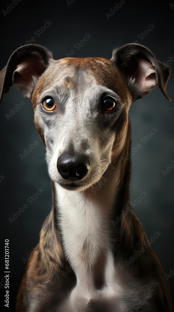 The Greyhound's portrait showcases a blend of strength and gentleness, with a streamlined body, sou The Greyhound's portrait showcases a blend of strength and gentleness, with a streamlined body, sou
