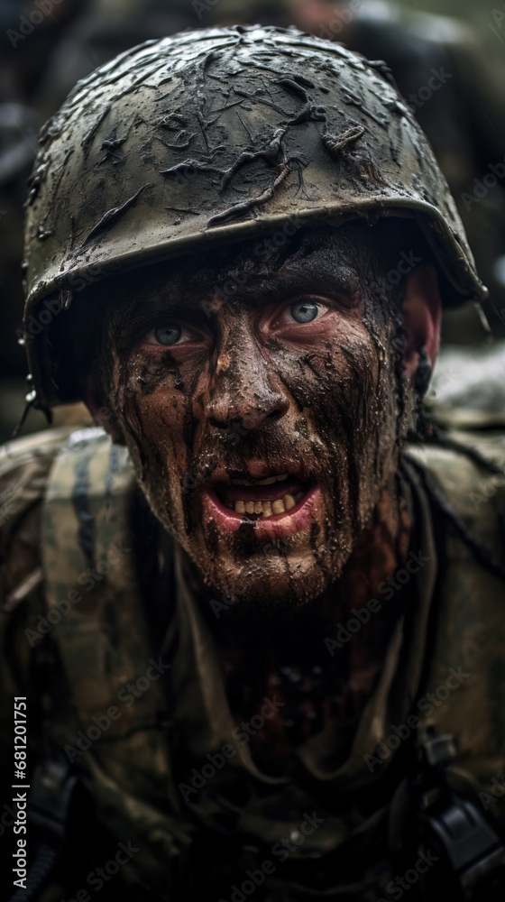 The horror of war is vivid in a man's eyes, reflecting the chilling fear of the military