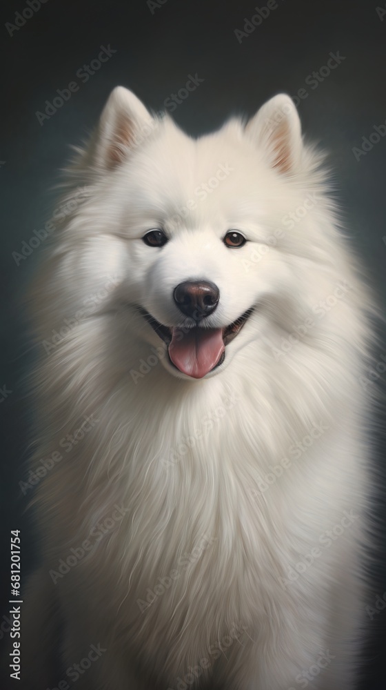 The Samoyed's portrait is a testament to its charm and sociability, featuring a fluffy mane, a gent