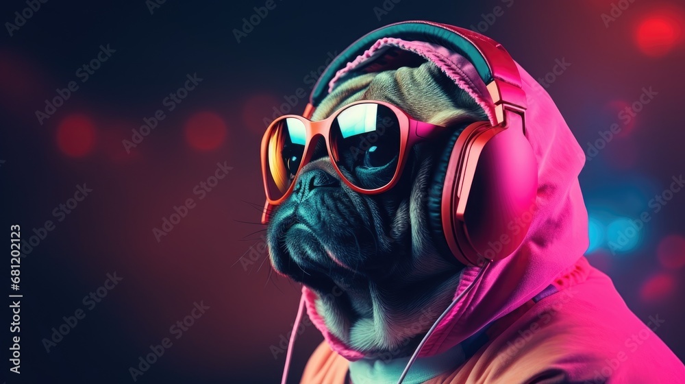 Fashionable dog with headphones in a nightclub with copy space