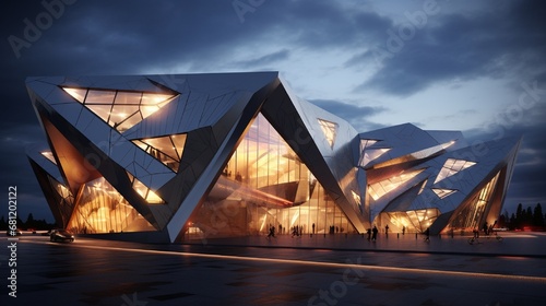 An avant-garde theater with a dynamic  angular facade.