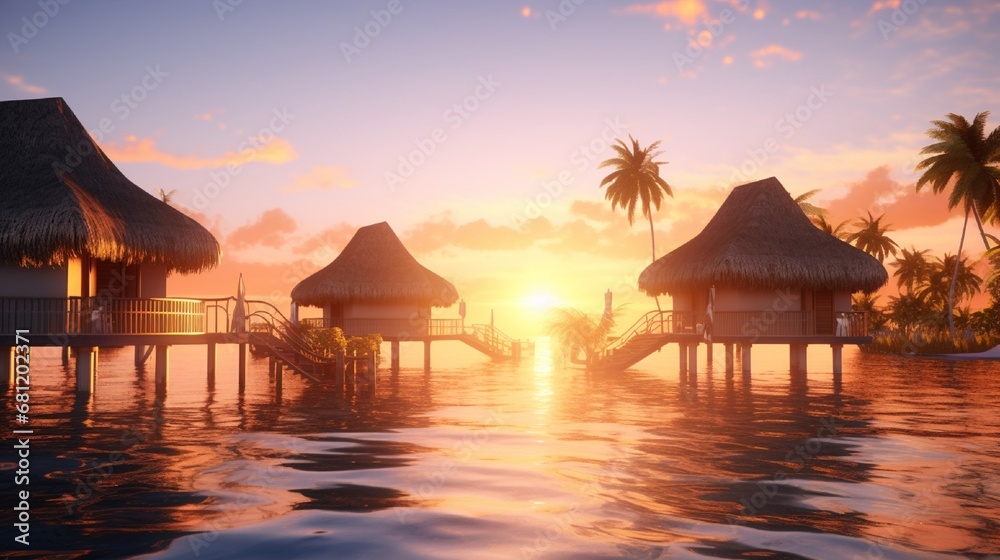 An overwater bungalow resort with thatched roofs at sunset. An overwater bungalow resort with thatched roofs at sunset.