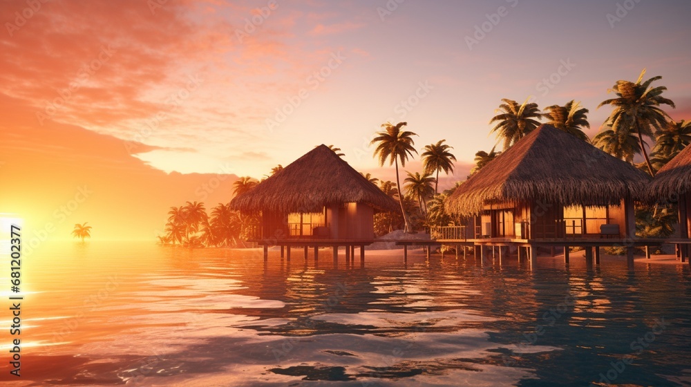 An overwater bungalow resort with thatched roofs at sunset.