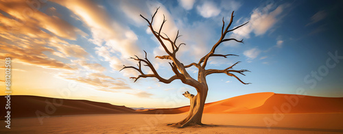 dead tree in desert at sunset, AI generated
