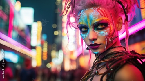 A woman with bright makeup and neon make - up. Generative AI.