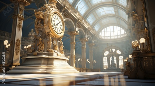 A Beaux-Arts train station with ornate sculptures and a grand clock tower.