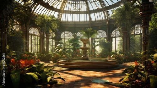 A botanical conservatory with rare plants and a glass roof.
