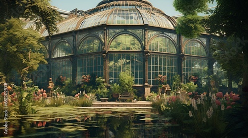 A botanical conservatory with rare plants and a glass roof.