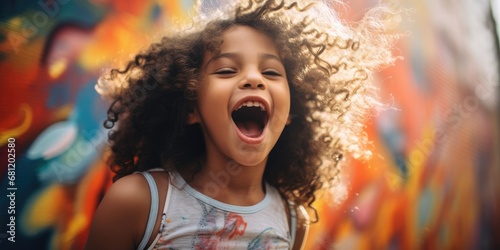 A little girl with curly hair is laughing. Generative AI.