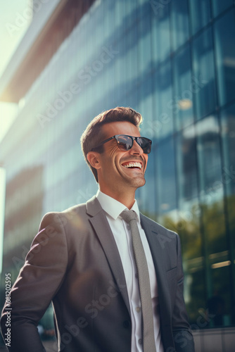 A happy professional business man looking city building.