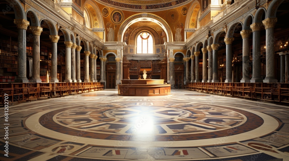 Obraz premium A Byzantine library with mosaic floors and domed ceilings.