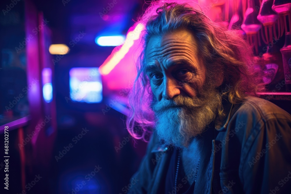 A man with long hair and a beard in a bar. Generative AI.