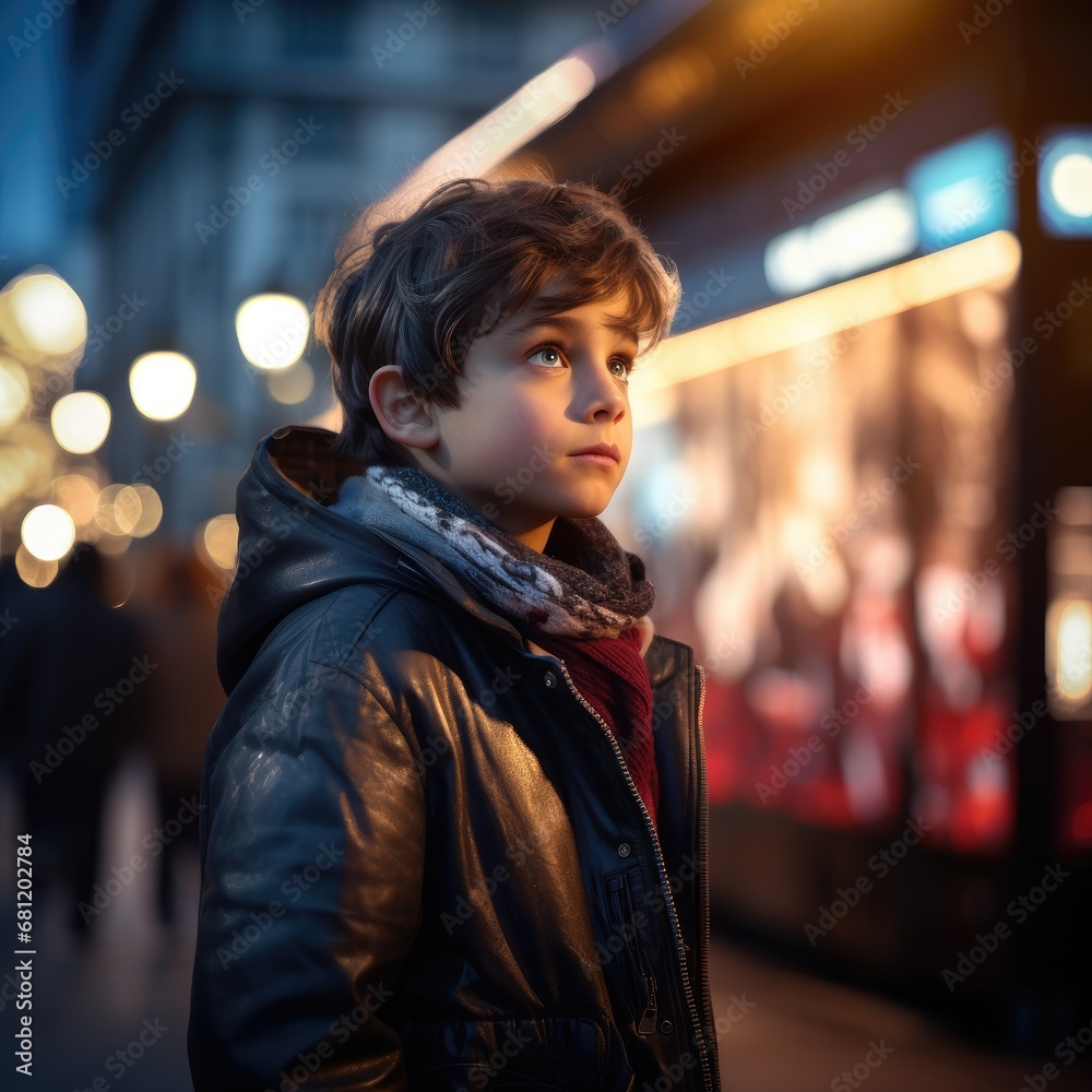 A young boy in a leather jacket standing in front of a bus. Generative AI. A young boy in a leather jacket standing in front of a bus. Generative AI.