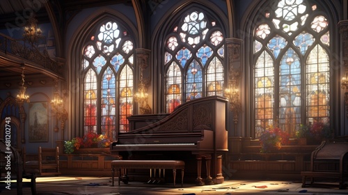 A classical music conservatory with ornate woodwork and stained glass.