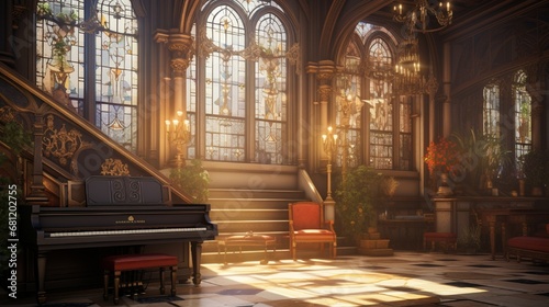 A classical music conservatory with ornate woodwork and stained glass.