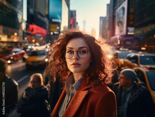 A woman with glasses standing in the middle of a busy city street. Generative AI.