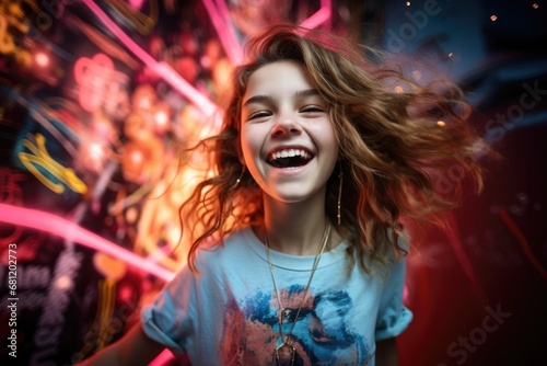 A young girl is laughing in front of neon lights. Generative AI.