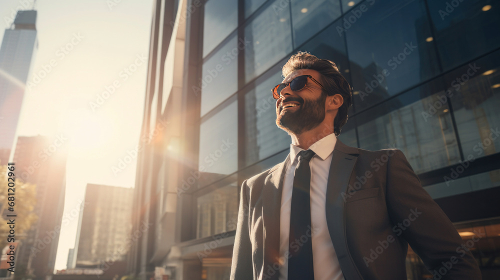 A happy professional business man looking city building.