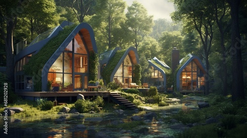 A compact tiny house village with eco-friendly designs in a forest clearing.