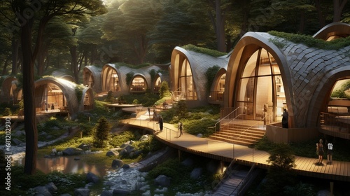 A compact tiny house village with eco-friendly designs in a forest clearing.